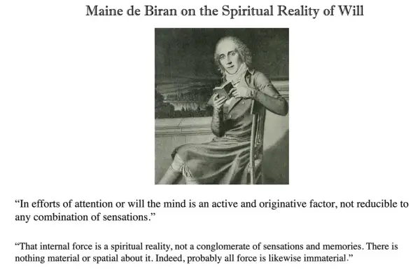 Portrait gravé de Maine de Biran, philosophe, tenant un livre, méditant sur la volonté.