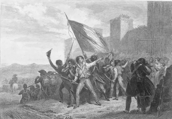 Une foule en liesse, brandissant un drapeau, semble célébrer le chant du départ. Des soldats se préparent à l'action, face à une forteresse imposante.