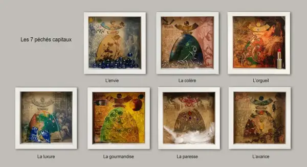 Sept boîtes encadrées illustrent les 7 péchés capitaux : envie, colère, orgueil, luxure, gourmandise, paresse, avarice. Chaque symbole est représenté de manière créative.