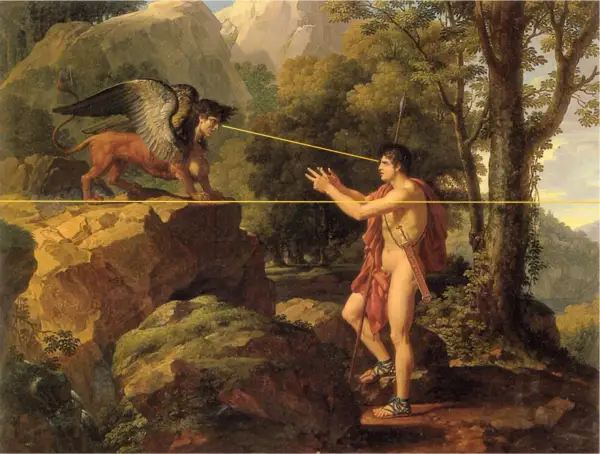 Bonaparte, tel un héros antique, fait face au Sphinx, créature mythique aux ailes déployées. Le regard intense des deux êtres se croise.