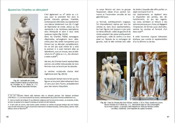 Groupe de trois femmes nues, les 3 Grâces, se tenant par les épaules, dans une pose harmonieuse et équilibrée.