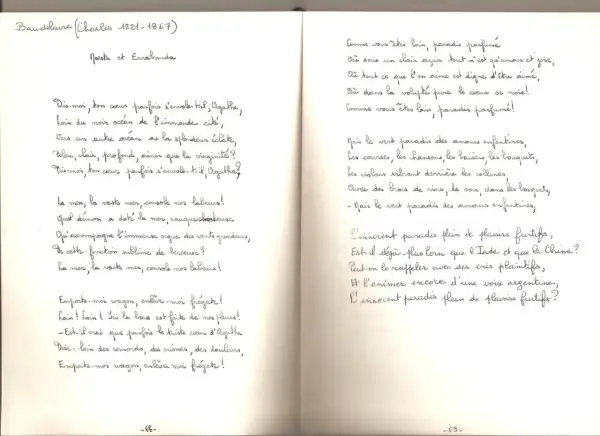 Manuscrit de Baudelaire, poème "Moesta et Errabunda". Le poète interroge son cœur, évoquant des paradis perdus et des souvenirs d'enfance.