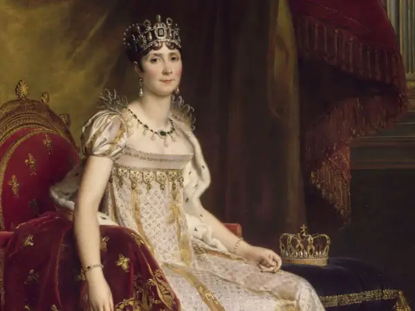 Portrait de Joséphine Bonaparte, impératrice, parée de bijoux, assise sur un trône, rappelant son union avec Napoléon.
