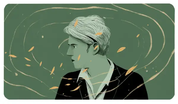 Portrait stylisé d'un homme aux cheveux clairs, évoquant la première soirée Rimbaud. Des volutes dorées et des feuilles flottent autour de lui.