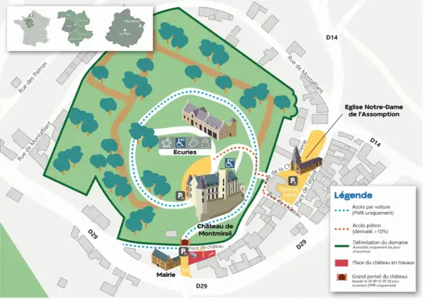 Plan du **Château de Montmirail** et de ses environs, incluant la mairie, l'église et les écuries. Le parcours est indiqué.
