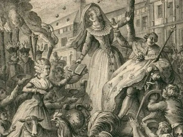 Une scène allégorique avec une femme voilée tenant un livre, rappelant l'esprit de Olympe de Gouges. Des torches et une foule animée entourent la scène.