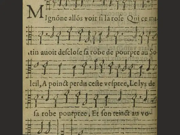 Mignonne, allons voir si la rose analyse le texte ancien et sa musique. La partition dépeint une scène poétique.