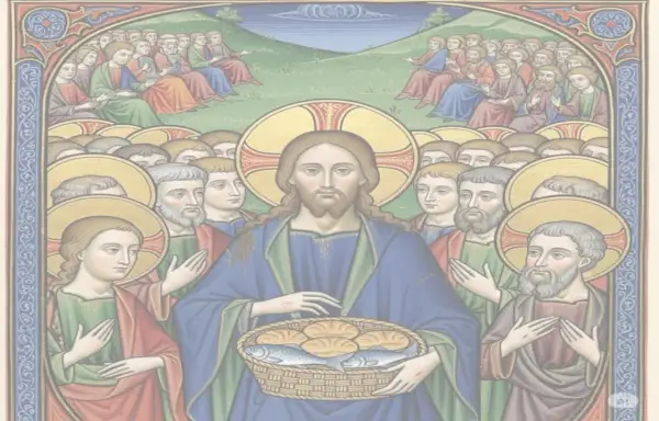 Jésus bénit le pain et les poissons, entouré de ses disciples. Une scène rappelant la multiplication des pains, peut-être liée à la date de saint Matthias.