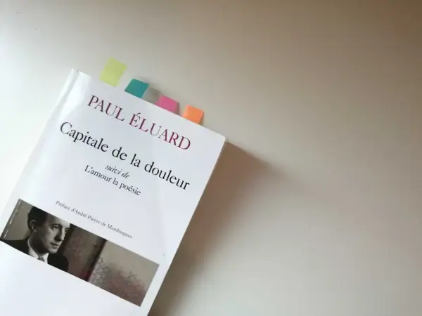 Un livre ouvert, "Capitale de la douleur" de Paul Éluard, marqué par des post-its colorés.