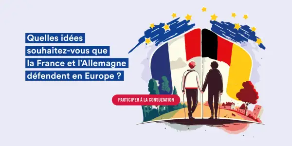 Deux personnes se tiennent main dans la main devant les drapeaux français et allemand, symbolisant une nouvelle ère après la guerre Allemagne France.