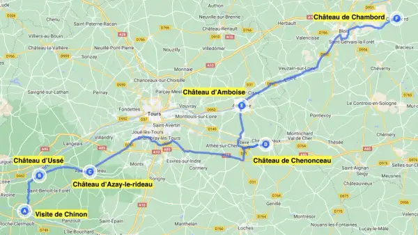 Carte du circuit châteaux de la Loire 5 jours : Chinon, Ussé, Azay-le-Rideau, Chenonceau, Amboise, Chambord.