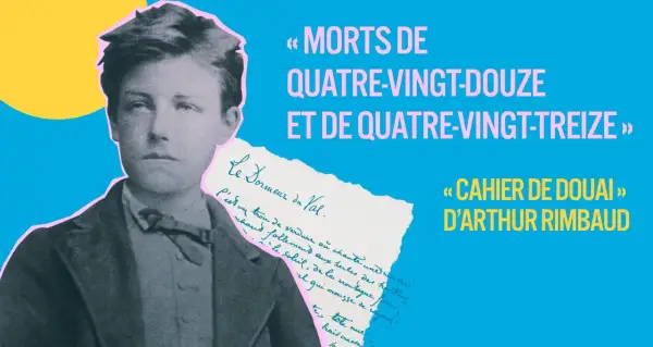 Portrait d'Arthur Rimbaud, jeune, avec un texte manuscrit et les titres "Morts de quatre-vingt-douze et de quatre-vingt-treize" et "Cahier de Douai". La rage de César Rimbaud transparaît.