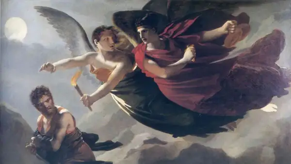 Deux figures ailées célestes, l'une tenant une torche, semblent descendre vers un homme en contrebas, symbolisant la justice de Dieu.